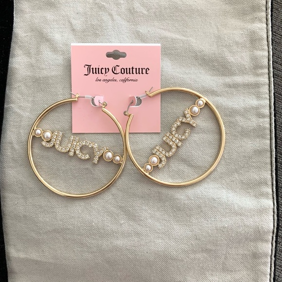 Gold tone logo hoops crystals rhinestones pearls - Picture 2 of 5